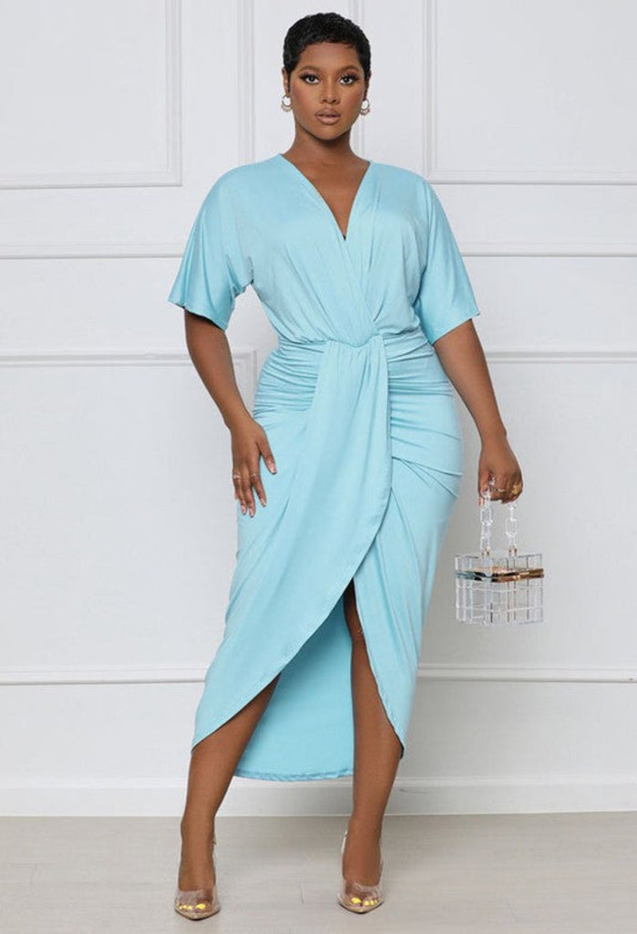 v neck midi dress, light blue mini dress