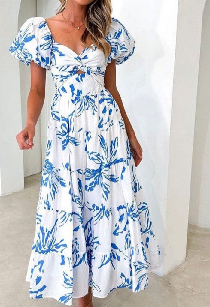 dress, floral dress, white and blue dress